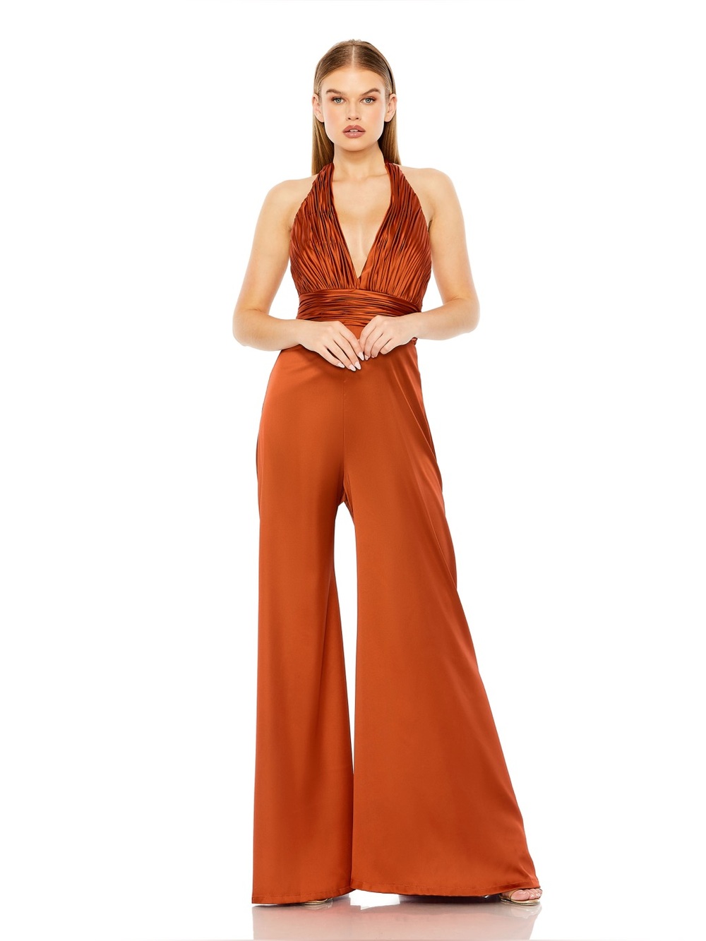 Ieena for Mac Duggal 49810
Deep V Halter Wide-Leg Jumpsuit in Rust